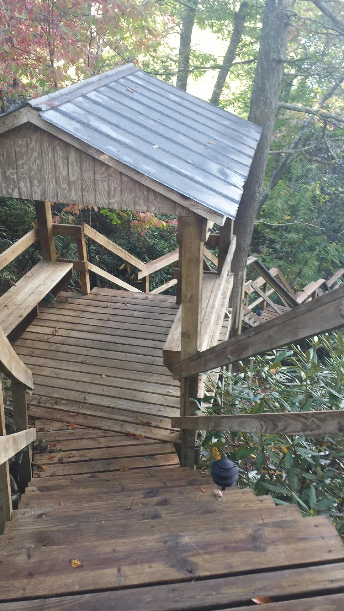 Metal roofed shelter over wooden steps on a wooded walkway — Skylight Repair & Installation work by our crew in Duson